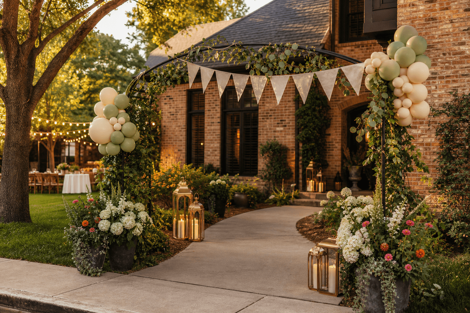 A Coppell block party entry install with a refined sidewalk arch, cream and sage balloons, summer planters, and path lanterns.