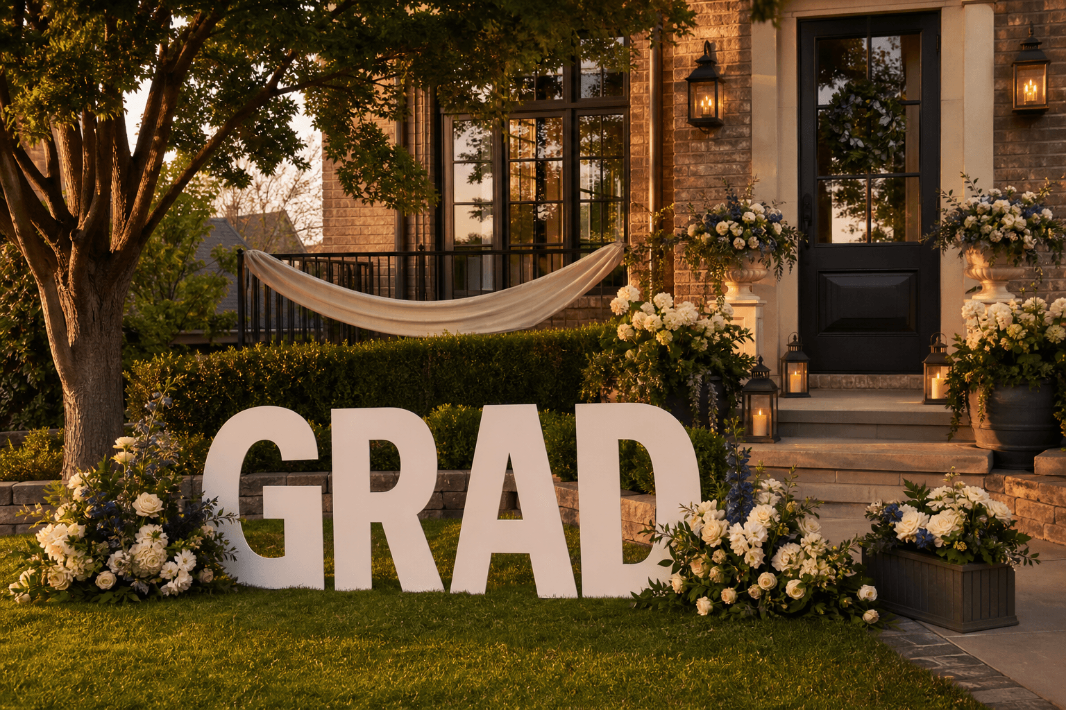 A Frisco graduation yard and entry install with clean GRAD letters, floral clusters, planters, and warm lanterns.
