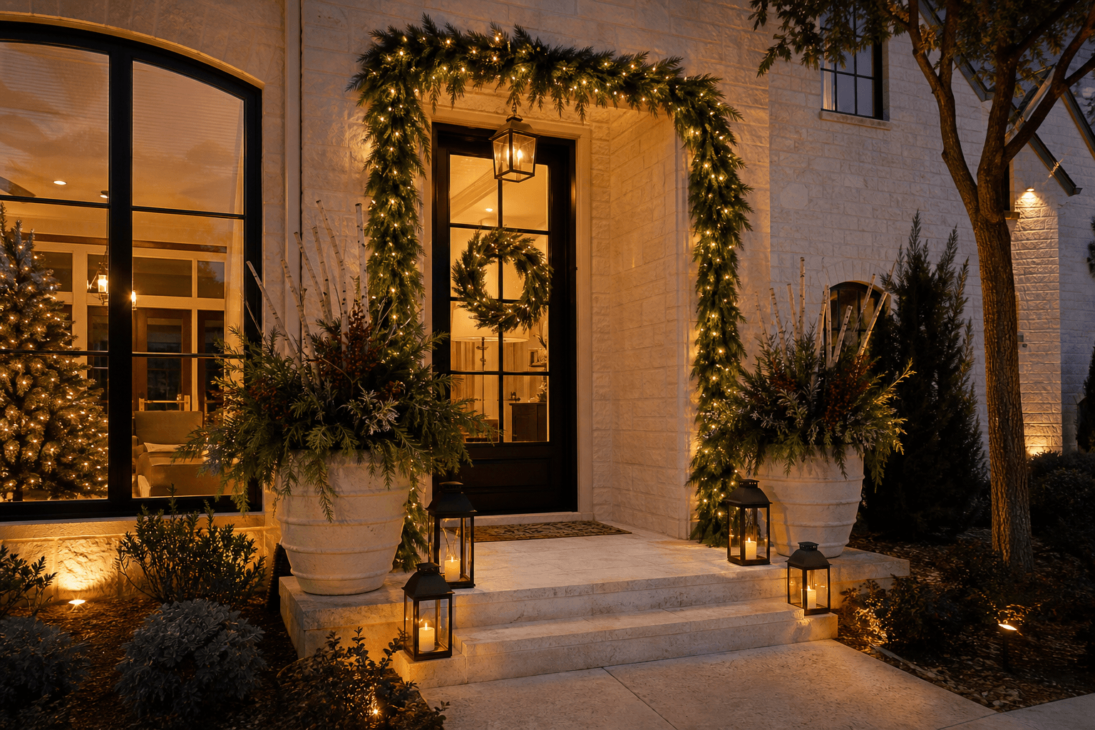 A Southlake Christmas entry styled with fresh garland, warm-white lights, greenery planters, and lanterns.