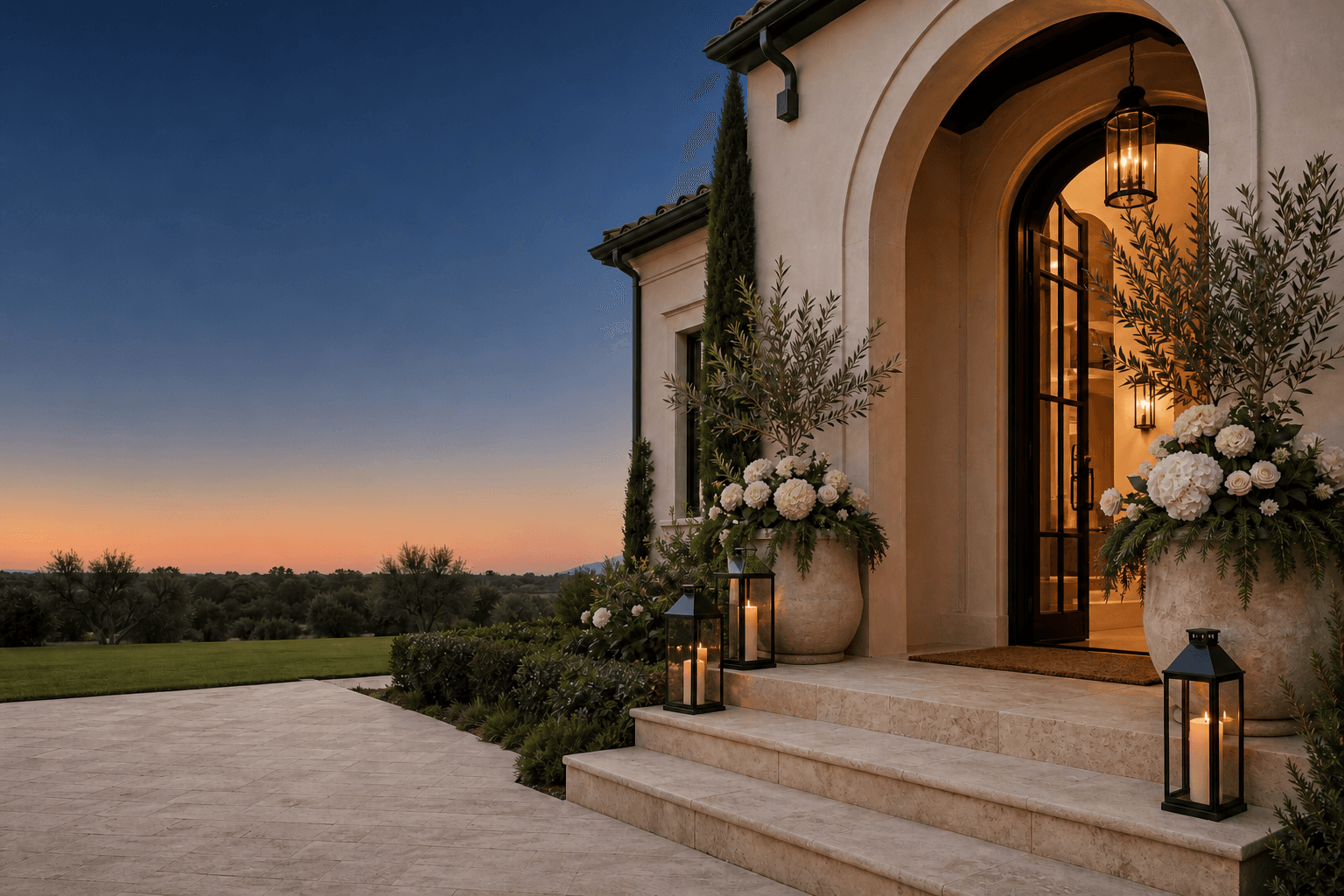 A front entry styled at dusk with garland, lit lanterns, and brass urns