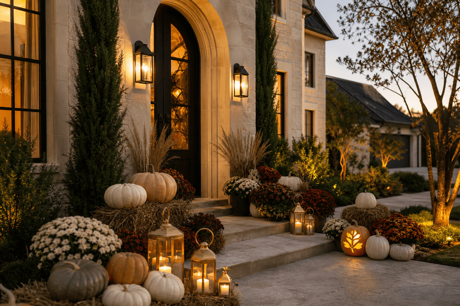 A Westlake Halloween entry styled with heirloom pumpkins, deep mums, dried grasses, and brass lanterns.