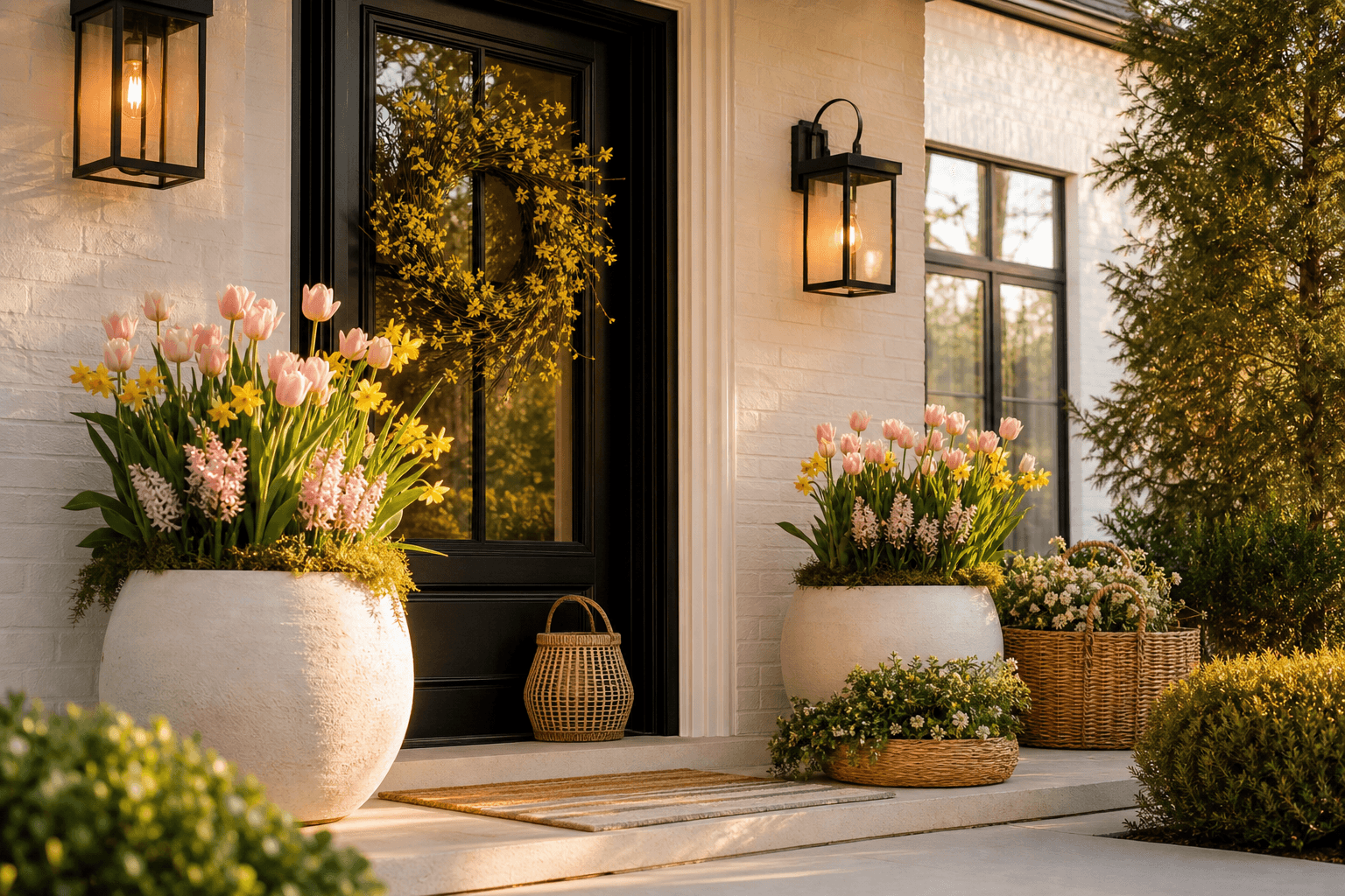A Plano Easter entry styled with spring planters, tulips, hyacinths, daffodils, and a forsythia wreath.