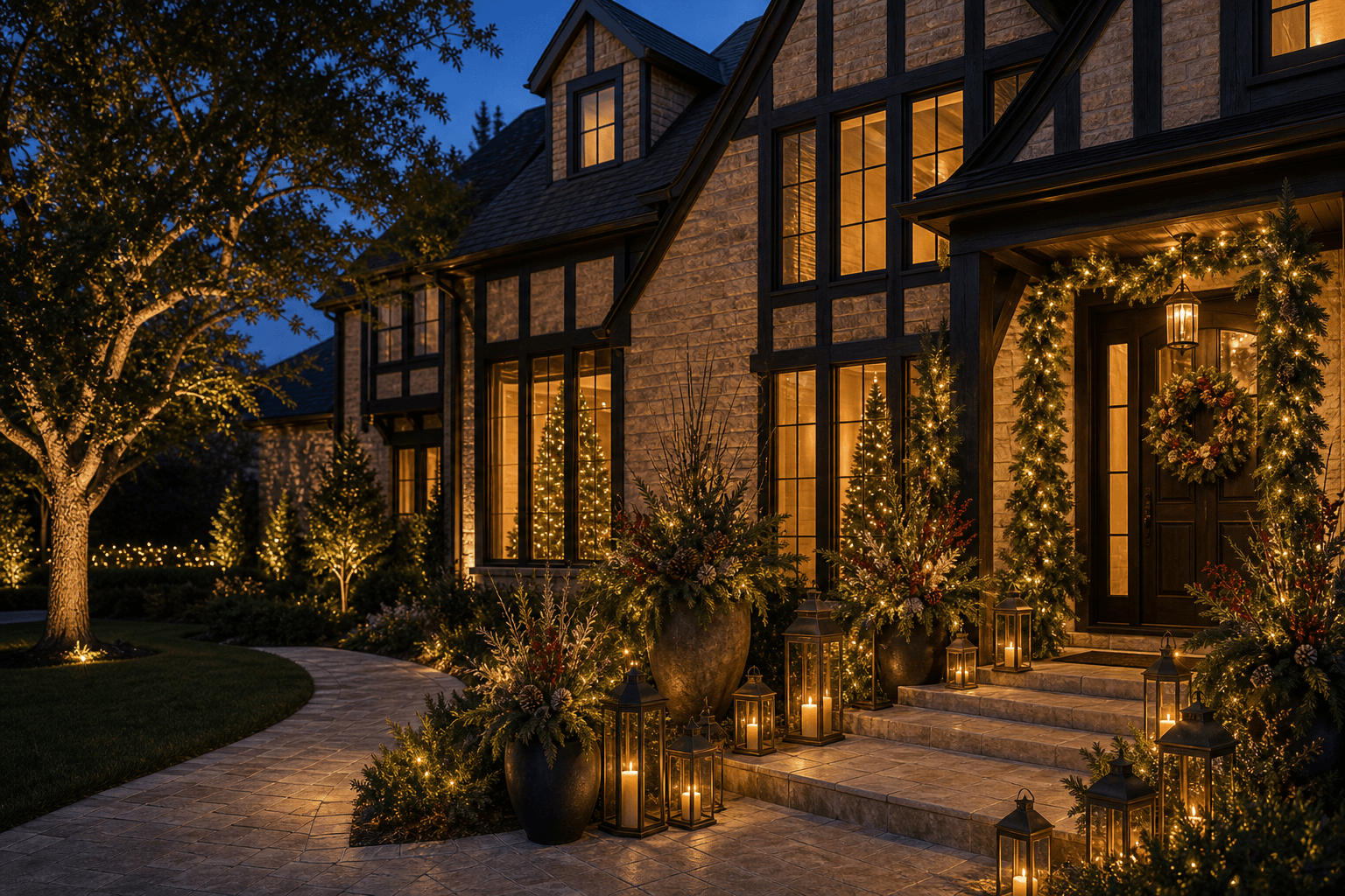 A whole-home exterior install styled by Arbor & Ember at dusk