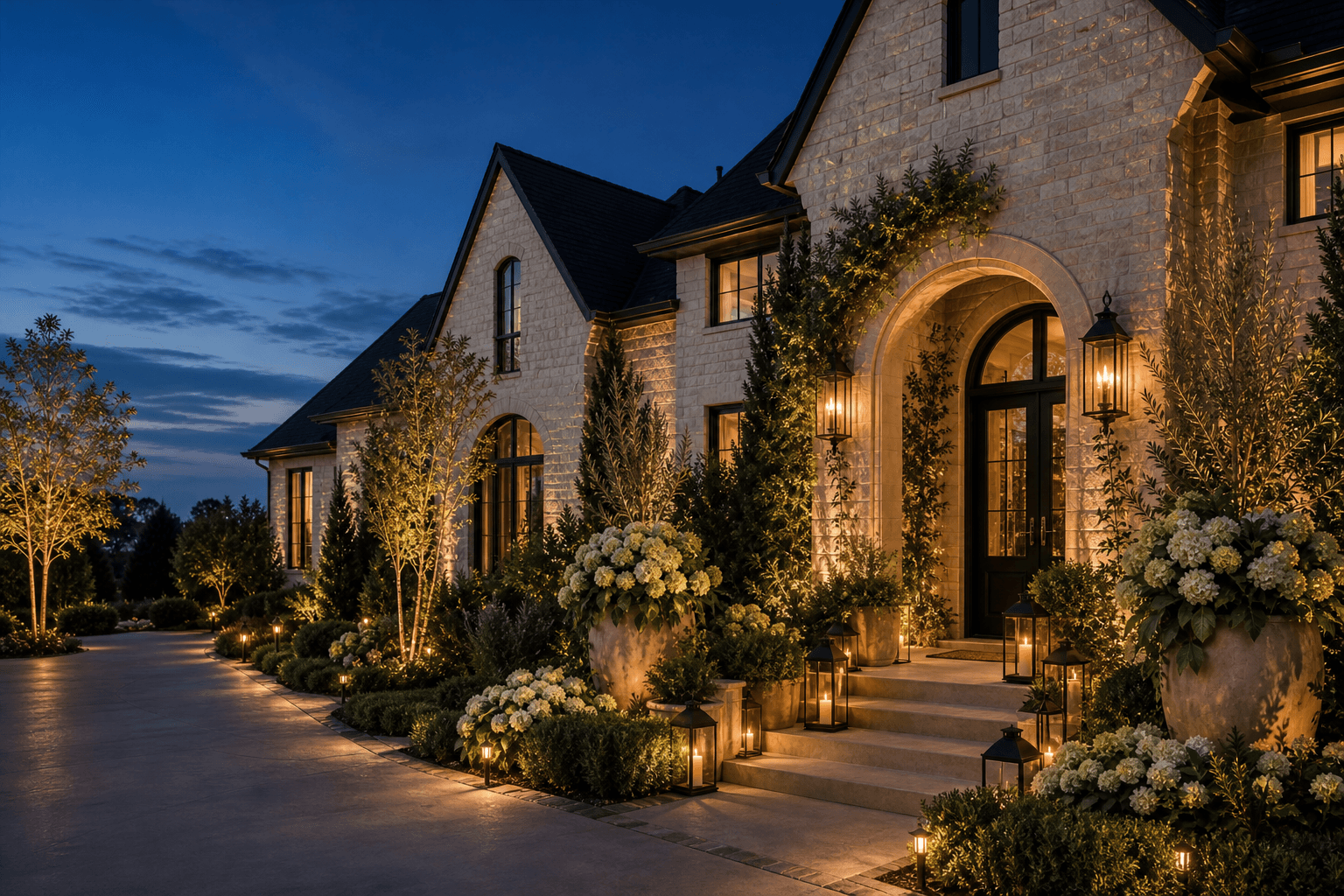 A North Texas estate styled at dusk by Arbor & Ember, with a lit drive, wreathed gables, and scenic florals.