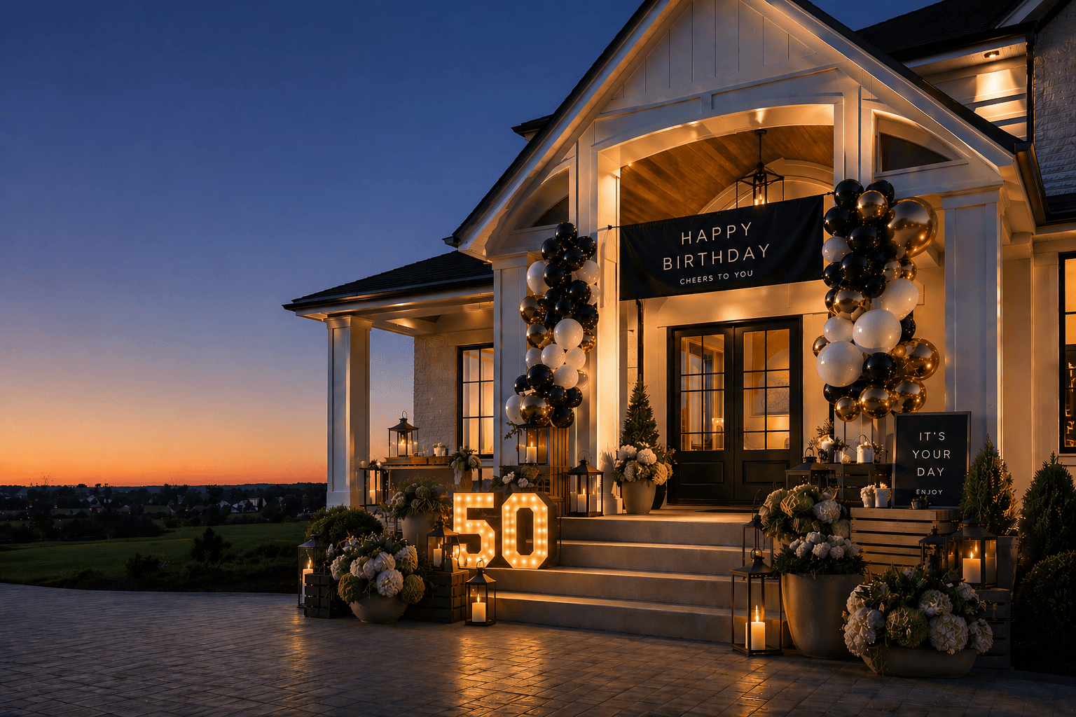 A birthday front entry styled with architectural balloons, florals, and celebratory yard letters.