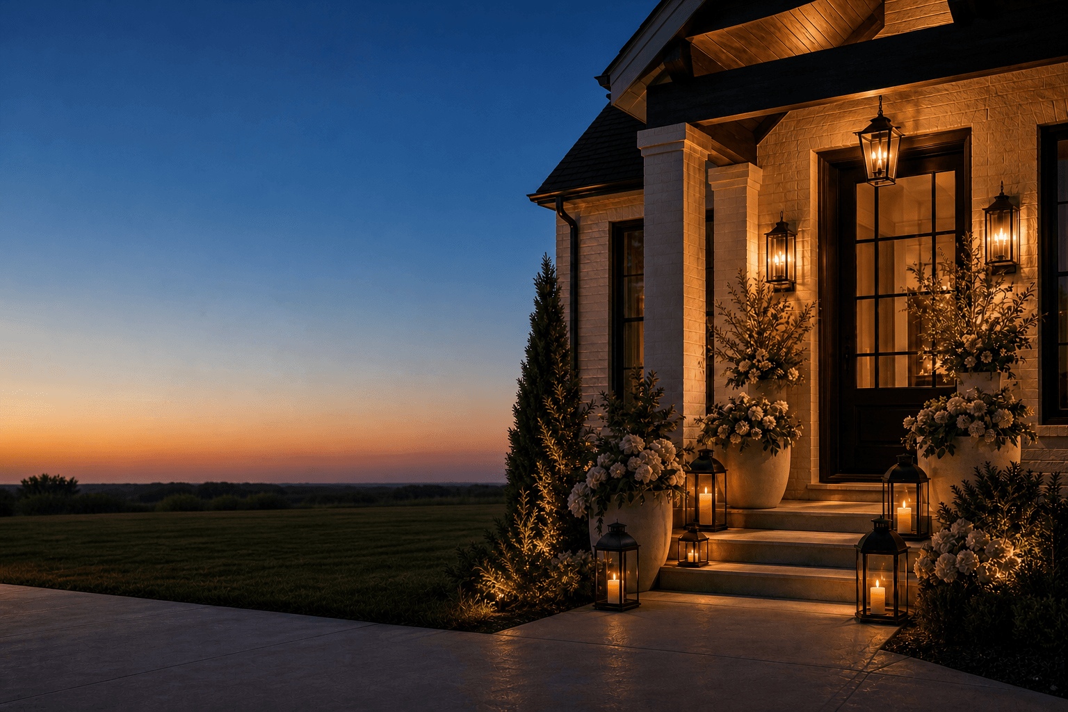 Luxury suburban home exterior at blue hour with warm architectural lighting, elegant white floral planters, glowing lanterns, and refined front-entry styling creating an upscale residential ambiance.