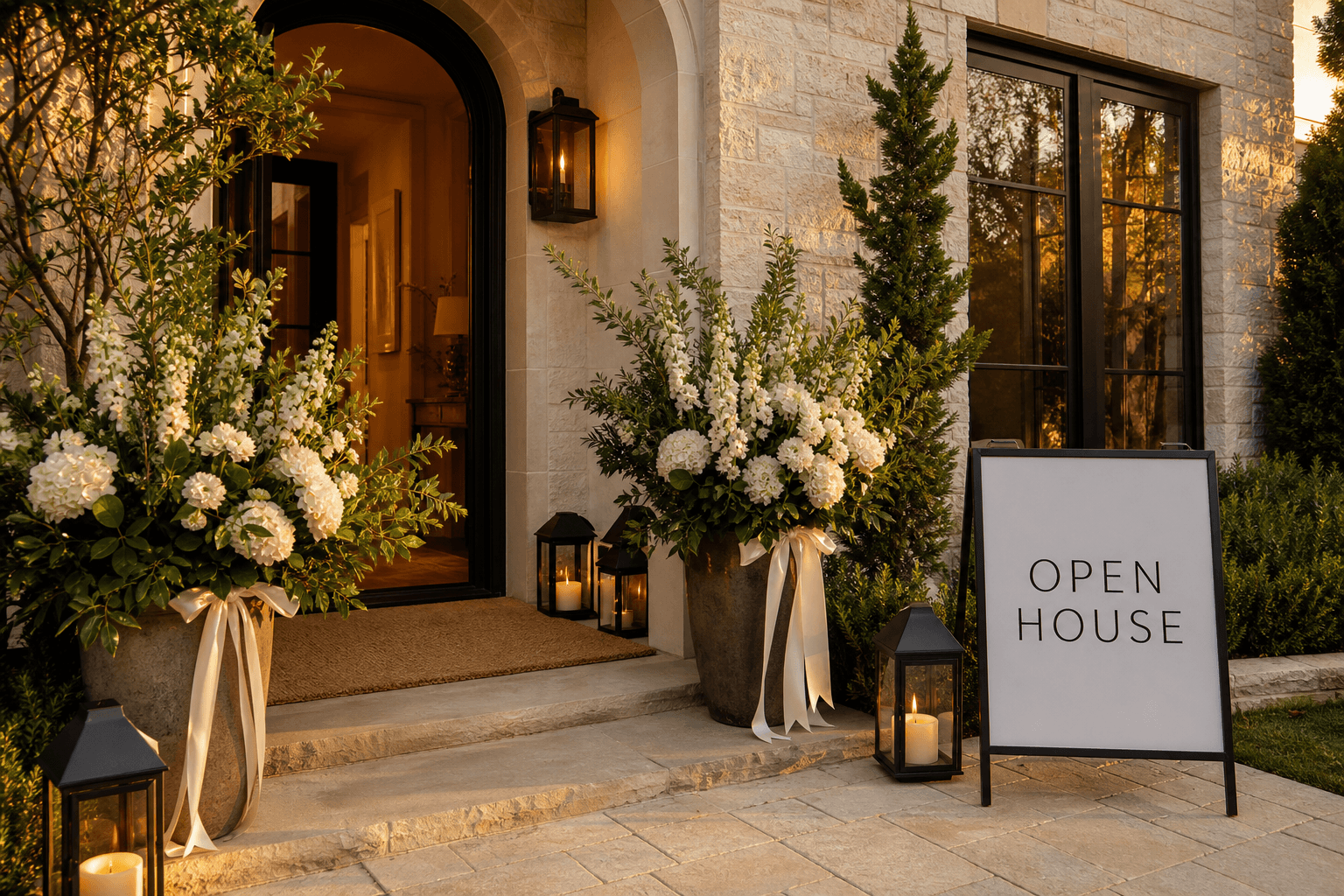 A Frisco open house entry styled with white floral planters, warm lanterns, and a clean open house sign.
